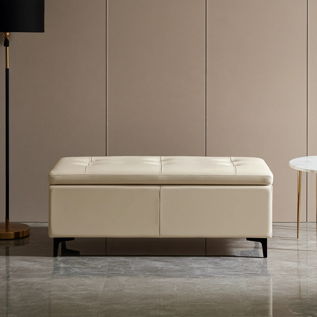 Panca contenitore in pelle, colore crema