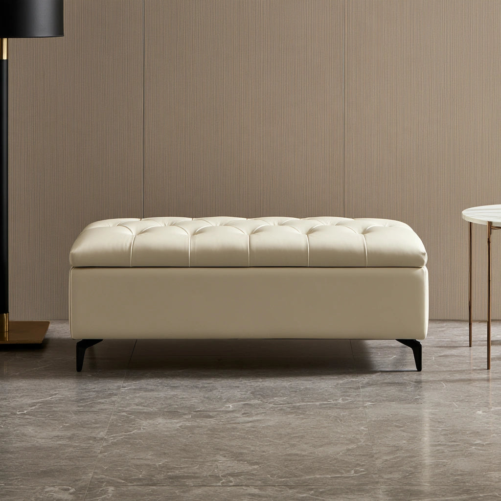 Panca contenitore in pelle, colore crema